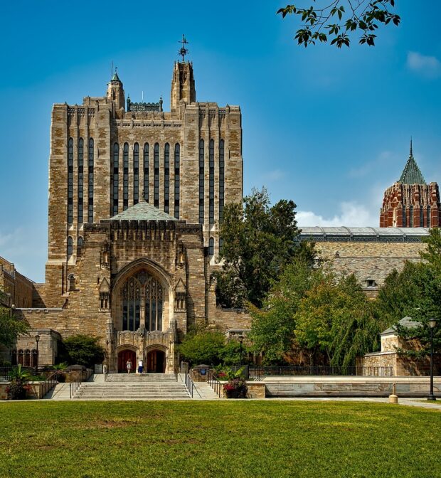 image of a grassy campus quad with a light-colored stone building in background with ornate, arched architecture