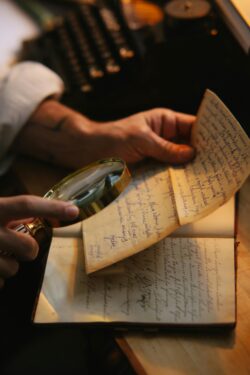 Hand holding magnifying glass up to written letter.