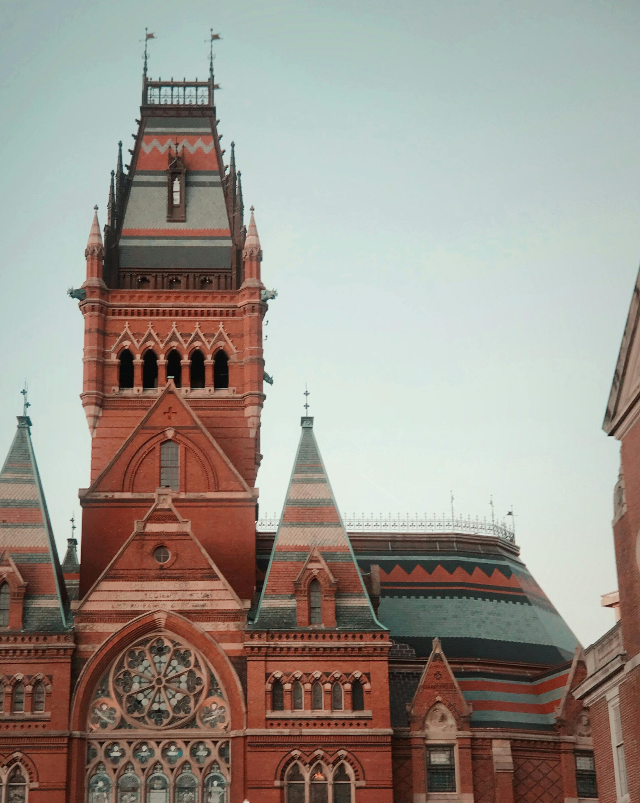 Upclose photo of Harvard building towers