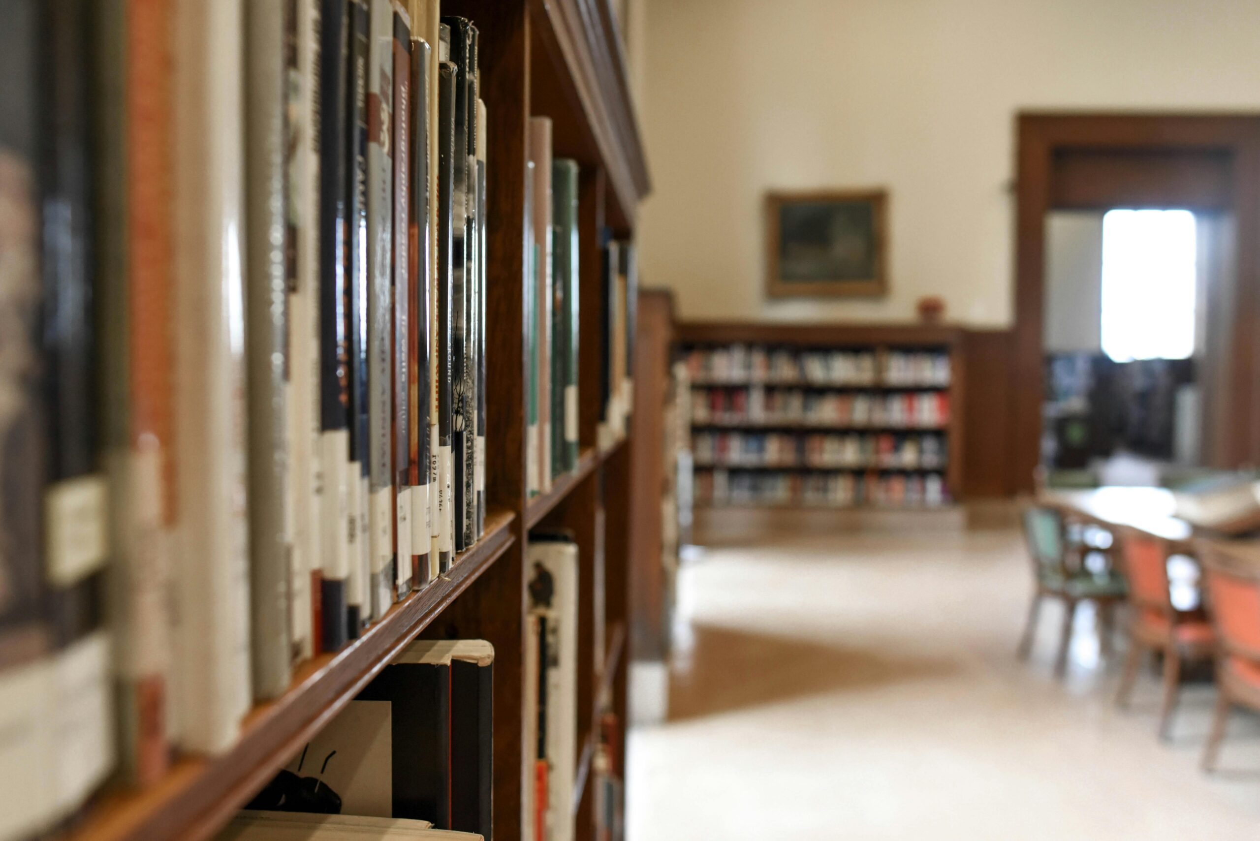 upclose of library bookshelf