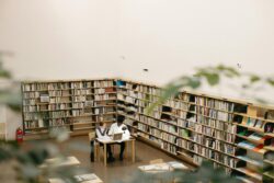 zoomed out image of two college students studying in library