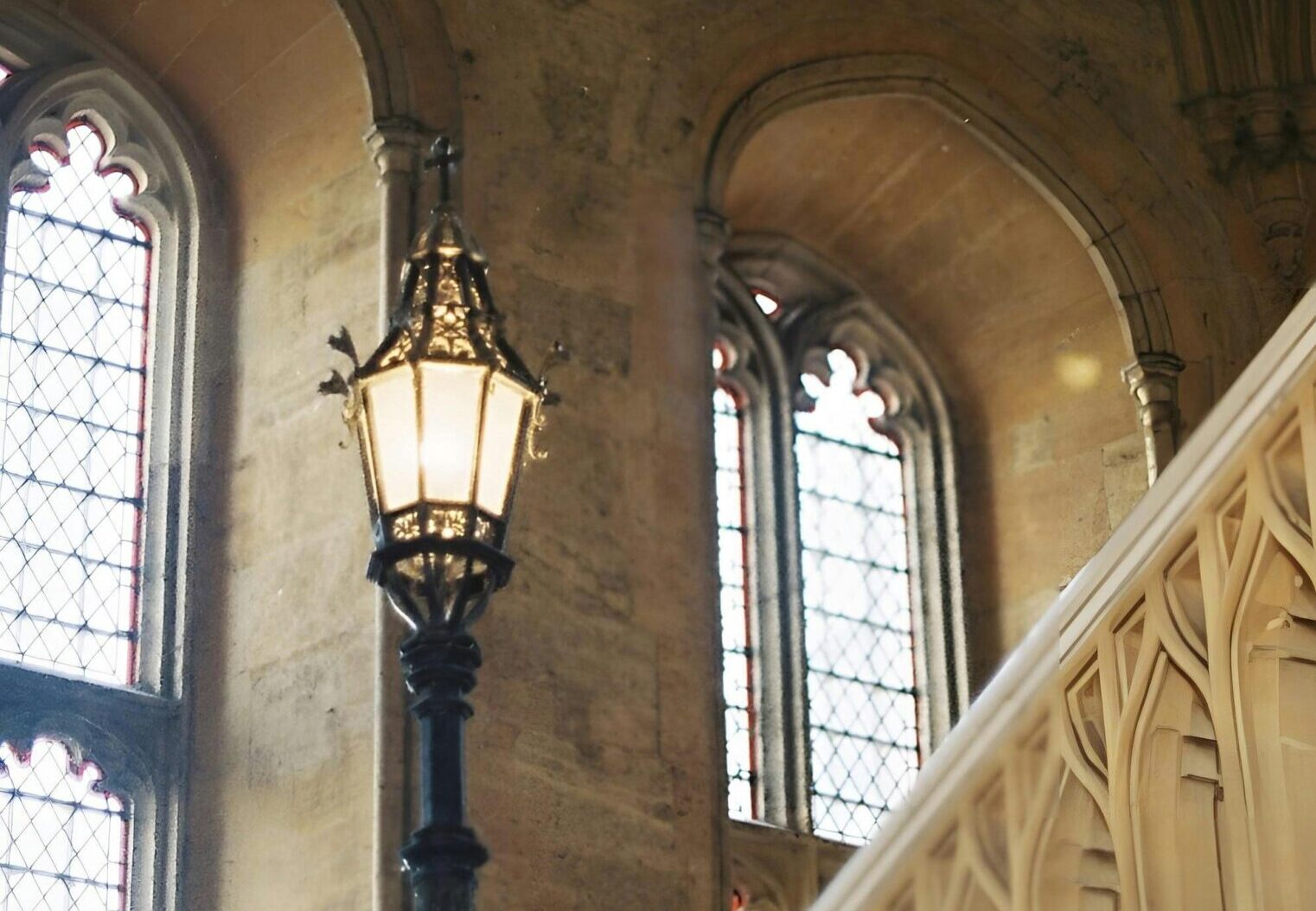 Old-school lantern on medieval staircase