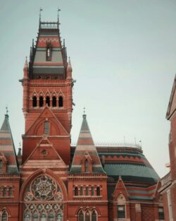 Gothic-style brick building with a tall, ornate tower featuring pointed turrets and elaborate windows. The sky is clear, creating an elegant atmosphere.