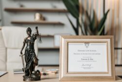 Statue of Lady Justice holding scales beside a framed Harvard Law School certificate on a desk, conveying professionalism and achievement.