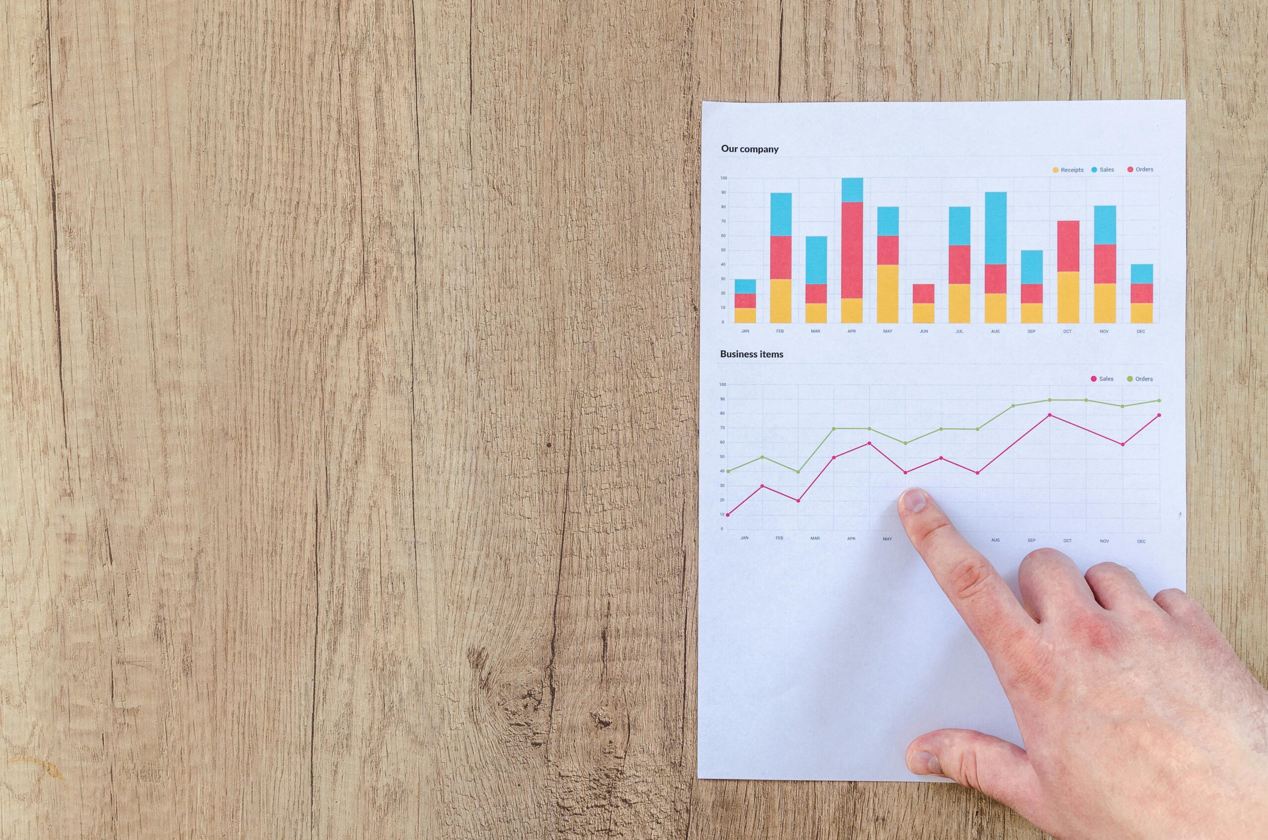 Finger pointing to graph with upward trajectory