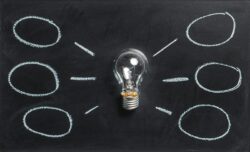 Lightbulb on a chalkboard with ideas branching off of it