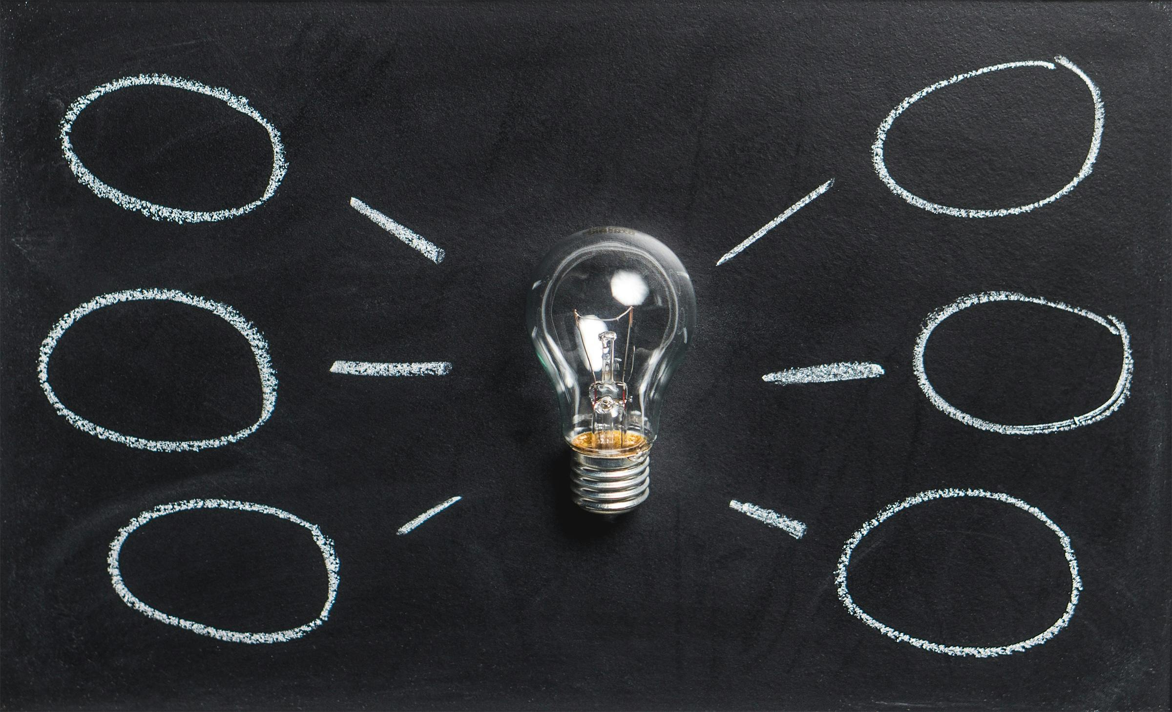 Lightbulb on a chalkboard with ideas branching off of it